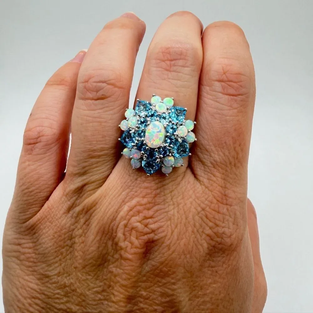 NWT Lab created‎ Opal, genuine blue topaz STATEMENT ring in sterling silver!